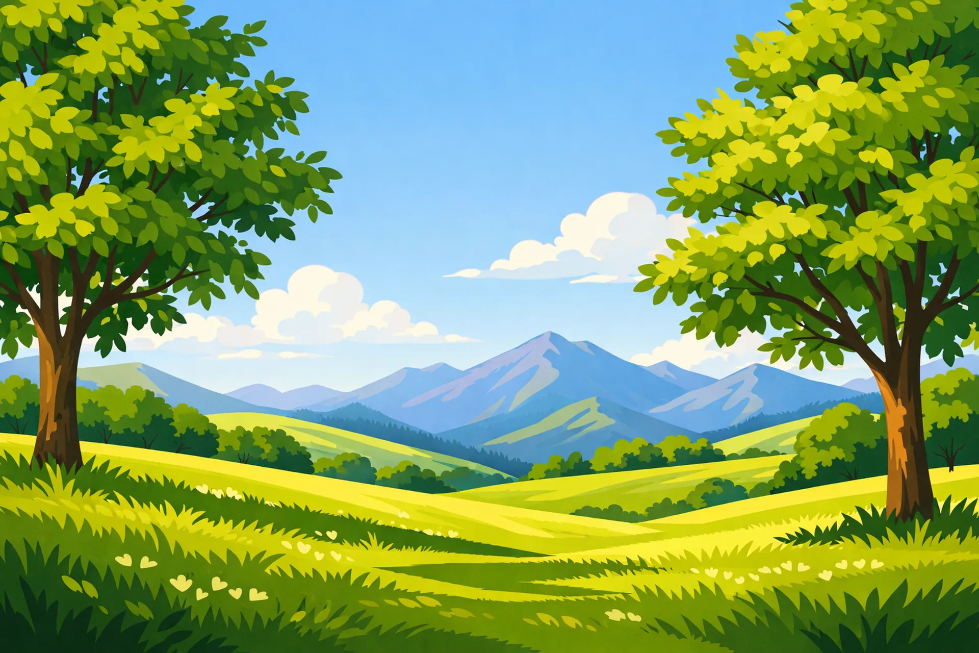 Two trees framing a sunlit hillside